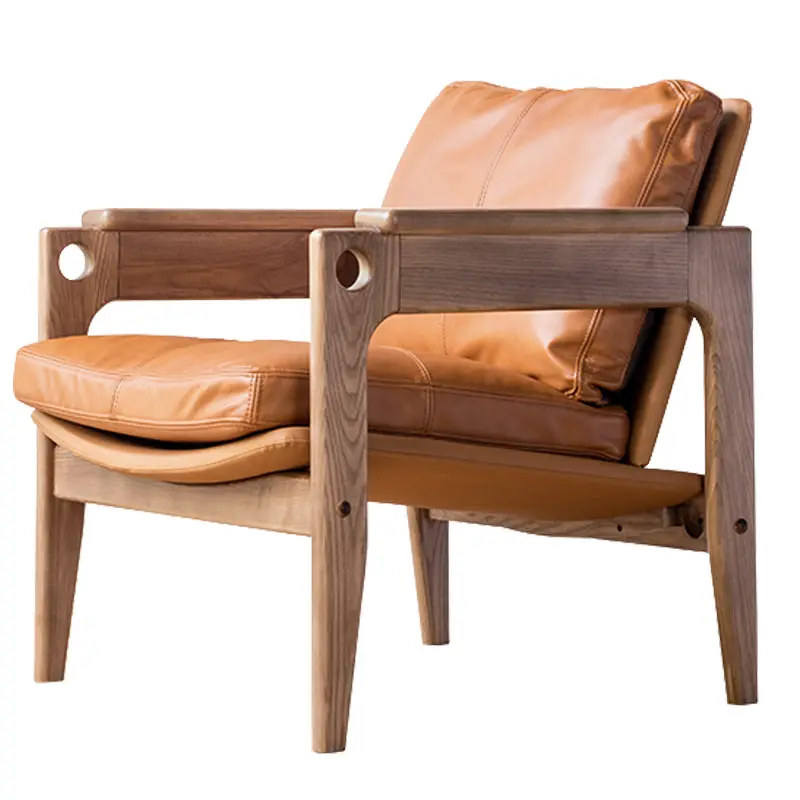 북유럽 단단한 나무 가죽 소파 의자 디자이너 싱글 소파 의자 등받이가있는 현대 발코니 거실 의자