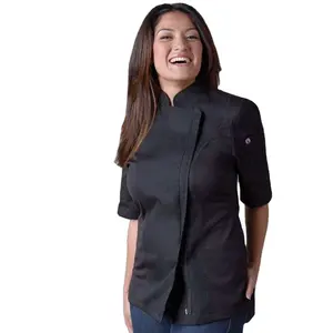 High quality Polyester Cotton Fabric Kitchen Women Sexy Chef Uniform with zipper