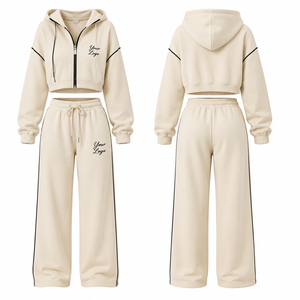 Conjuntos Personalizados para Mujer, Sudadera Corta con Logotipo Bordado, Top sin Mangas, Pantalones Anchos, Conjunto de Tres Piezas, Proveedor OEM ODM - Product Image 2