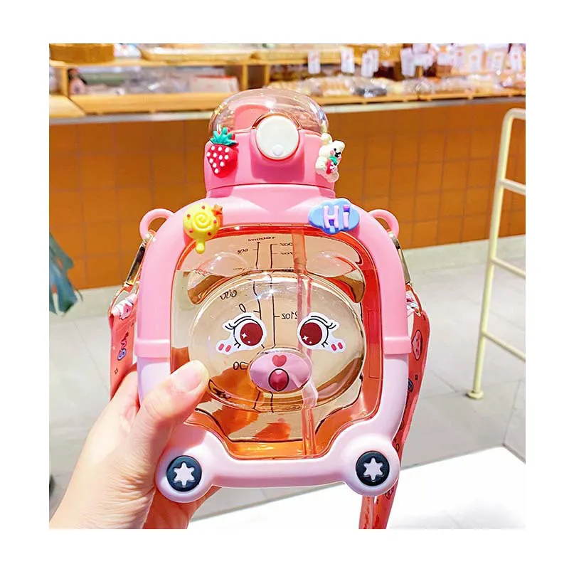 Hot Sale Professional Lower Price One-Click On Cartoon Cute Kids Water Cup With Rope Strap And Straw Water Bottle Set
