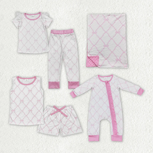 Wholesale Baby Toddler Girls <b>Clothes</b> Pink Bow Print Bamboo Two-piece Sets Romper and Blanket Cute Sister Matching Outfits - Product Image 1