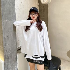Camiseta de talla grande estilo coreano para mujer, camiseta de otoño con rasgaduras irregulares, de manga larga, color sólido, blanca, negra, gris, N7810 - Product Image 1
