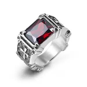 Fashion Wholesale Stainless Steel Single Ruby designs with Cross Pattern Ring for Men