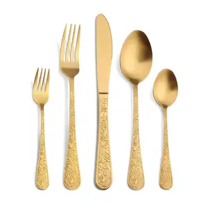定制压花设计黄铜铜餐具哑光金银器套装不锈钢钛镀金餐具套装