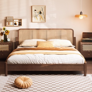 Japandi Rattan Cane Headboard Solid Wood Bed Frame King Size Wooden Beds for Scandinavian <strong>Bedroom</strong> Furniture Apartment <strong>Unit</strong> - Product Image 4