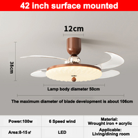 Ventilateur de plafond LED invisible nordique simple et pliable de 42 pouces sans pales avec lampe et éclairage LED, lampe LED classique et télécommande