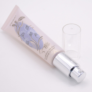 Factory supply 30ml makeup primer tube Diameter 25mm airless pump tube with aluminum pump and clear over cap cosmetic packaging
