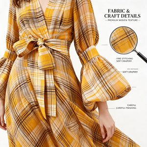 Vestido <span class=keywords><strong>Maxi</strong></span> a Cuadros Estilo Europeo y Americano para Mujer: Casual, Diseño con Cuello en V, Mangas Abullonadas <span class=keywords><strong>3</strong></span>/4, un Vestido Moderno - Product Image 3