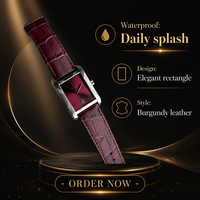 Montre carrée pour femme à quartz, boîtier en acier inoxydable, cadran rouge, bracelet en cuir, étanche 5 ATM, verre minéral 28 mm 20 mm
