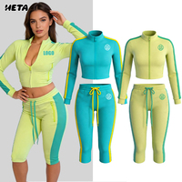 Ensemble de survêtement 2 pièces Y2K pour femme, haut court à manches longues et pantalon capri à rayures latérales en coton et élasthanne, tenue décontractée d'automne, logo personnalisé