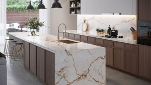 Dalles de comptoir en quartz Calacatta Almond – Surface en quartz de haute qualité pour intérieurs de luxe - Product Image 3