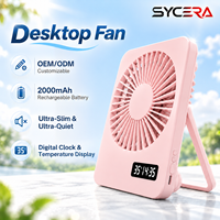 Kipas Meja USB OEM ODM Portabel Isi Ulang Baterai 2000mAh, Pendingin Desktop Super Senyap dengan Tampilan Jam dan Temperatur