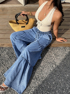 Trendy <strong>Elastic</strong> <strong>Waist</strong> Wide Leg <strong>Jeans</strong> Drawstring Ruffle Denim Pants Plus Size Loose Patchwork Long Trousers <strong>for</strong> <strong>Women</strong> - Product Image 6