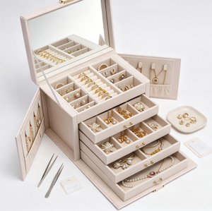 Boîte à bijoux en cuir PU grande capacité avec miroir, tiroirs multicouches, organiseur de rangement pour boucles d'oreilles, bagues et colliers, cadeau pour femme - Product Image 2