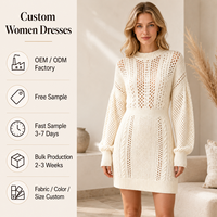 Robes Courtes Moulantes Femme en Maille Câblée Creuse Couleur Ivoire à Col Rond et Manches Lanterne avec Taille Cintrée – Vente en Gros
