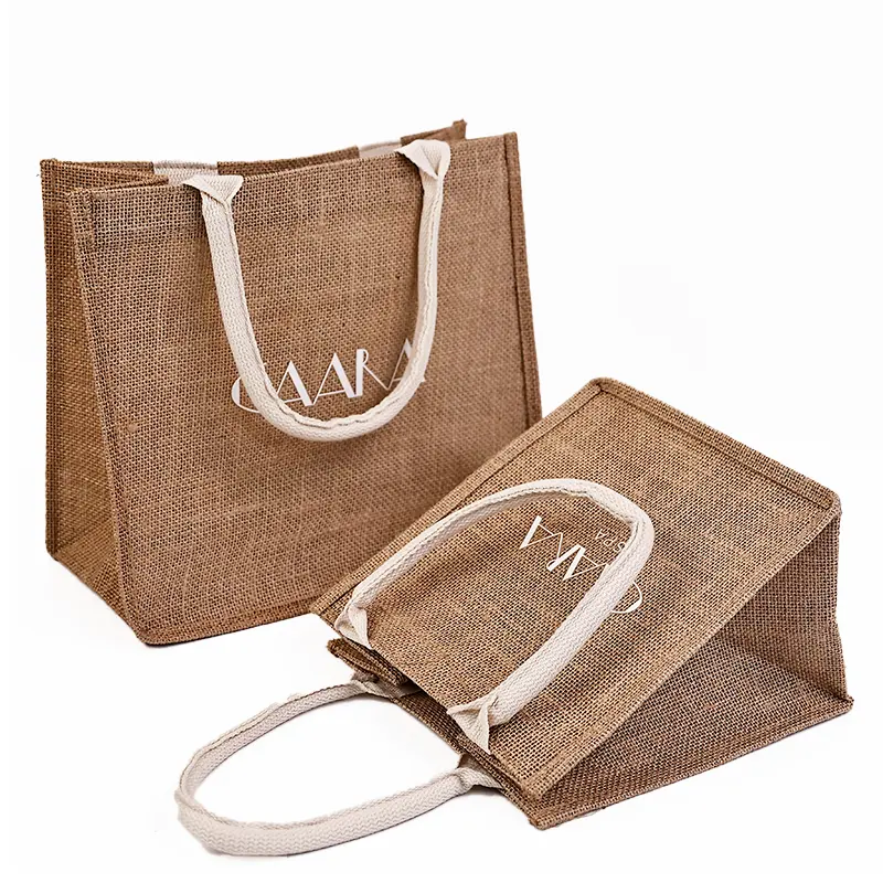 Tas rami coklat ramah lingkungan Logo kustom hadiah belanja tas Tote rami goni belanja dengan pegangan kuat