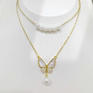 Collier en argent sterling 925 plaqué or, style vintage, fleur, papillon, perle, pour femme, colliers superposés, prix usine. - Product Image 1