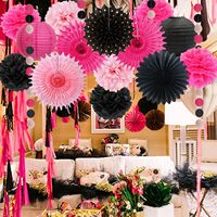 Décorations de fête rose vif pour filles et femmes, pompons en papier rose vif et noir, éventails en papier, lanternes pour fête nuptiale, mariage, anniversaire