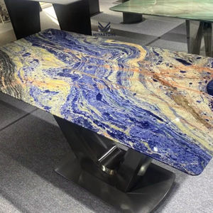 Dalle de quartzite moderne de luxe inspirée du cloisonné, bleu royal avec des veines ambrées, imperméable, polie, pour mur intérieur, design graphique - Product Image 2