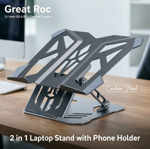 Support pour ordinateur portable en acier carbone robuste, réglable, ergonomique, avec support pour téléphone portable pour le bureau - Product Image 1