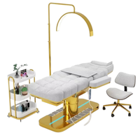 Lit de massage électrique moderne gris en PU avec base dorée et tabouret assorti - Lit de salon de luxe réglable pour salon/chambre