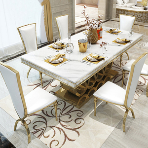 Contemporary UK DUBAI Royal Furniture Italian Design <strong>Gold</strong> Stainless Steel Marble Top Rectangle Big Dining <strong>Table</strong> 10 Seater Set - Product Image 3