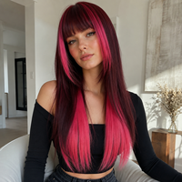 Peluca sintética larga y lisa color rojo vino con flequillo, resistente al calor, venta al por mayor de fábrica, OEM/ODM, personalizada para mujer