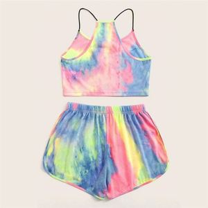 Conjunto de 2 piezas de top y pantalones cortos con estampado tie-dye para mujer, conjunto sexy sin mangas para dormir en verano - Product Image 2