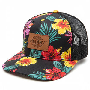 Wholesale 6 Panel Floral Pattern Trucker Cap Custom Leather Patch <strong>Hat</strong> Mesh Snapback <strong>Personalised</strong> Print Trucker <strong>Hat</strong> - Product Image 5