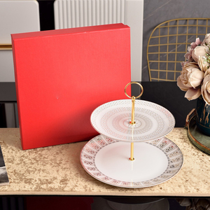 Luxury Geometric Grid Pattern 2 Tier Ceramic Cake Stand Gold Trim Porcelain Dessert Tray With Gift Box For Afternoon Tea - Product Image 1
