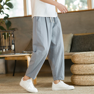 <span class=keywords><strong>Pantaloni</strong></span> con coulisse dritti traspiranti tinta unita <span class=keywords><strong>pantaloni</strong></span> Casual da uomo in cotone <span class=keywords><strong>lino</strong></span> - Product Image 2