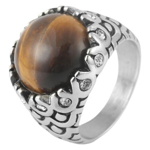 yunnique Men's <b>Titanium</b> Steel Brown Oval Gemstone <b>Ring</b> Bezel Setting Punk Style Fashion Jewelry Gift - Product Image 5