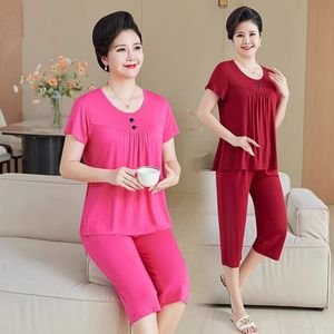 Women's Loose Fit Two Piece Set Short Sleeve <b>Top</b> Cropped Pants Casual Wear Breathable Knitted Summer Outfit Grey Pink Sea Blue - Product Image 4