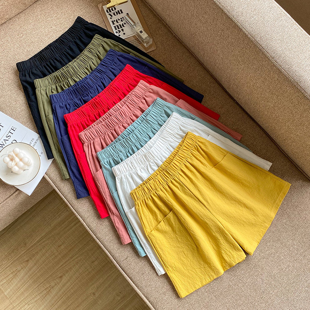New Cotton Linen Casual Shorts Women Pocketed Loose Overalls Hot Pants Plus Size Lady Summer Thin Wide Leg Shots