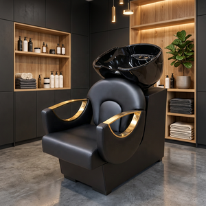 Sillón de Lavacabezas Moderno Negro y Dorado para Salón, con Lavabo de Cerámica, Mueble de Belleza Comercial con Estructura Metálica Resistente - Product Image 2