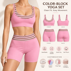 Set Yoga da Donna Personalizzato con Logo, 2 Pezzi, Top Sportivo <span class=keywords><strong>a</strong></span> Strisce Stratificato e Pantaloncini da Palestra, Fitness e Pilates - Product Image 1