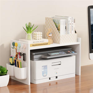 Étagère d'imprimante de bureau en bois, organisateur de rangement à double couche pour bureau avec crochets et porte-crayons, style moderne et minimaliste - Product Image 4