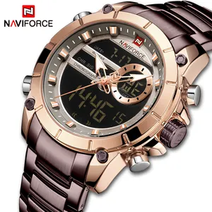 NAVIFORCE NF9163 Hommes Trendy Quartz LCD Digital Black Dial Watches For Mens Stainless Steel Strap Luminous Business Watch