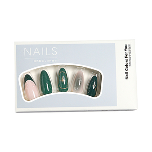 Faux ongles à presser en ABS, forme amande, vert pailleté, motif étoile dorée, style français, application facile, 24 pièces - Product Image 4