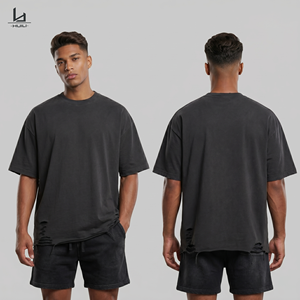 Vintage 275G Black Heavyweight Streetwear Low MOQ Mens Distressed Oversized Blank Tee Custom Logo Cotton Plain <strong>T</strong> <strong>Shirt</strong> - Product Image 3