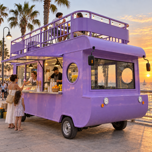 Carro de comida tipo cápsula morado, con techo, utilizado para la venta de helados, café, té con leche y hot dogs al aire libre. - Product Image 1