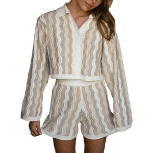 Conjunto de dos piezas de punto personalizado para mujer 2026: Camisa de manga larga a rayas y pantalones cortos, ropa casual de descanso transpirable para primavera/verano con cuello vuelto. - Product Image 6