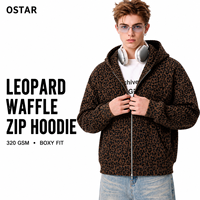 Veste à capuche personnalisée OEM ODM à imprimé léopard et texture gaufrée pour homme, coupe ample 320GSM, sweat-shirt décontracté streetwear à fermeture éclair intégrale