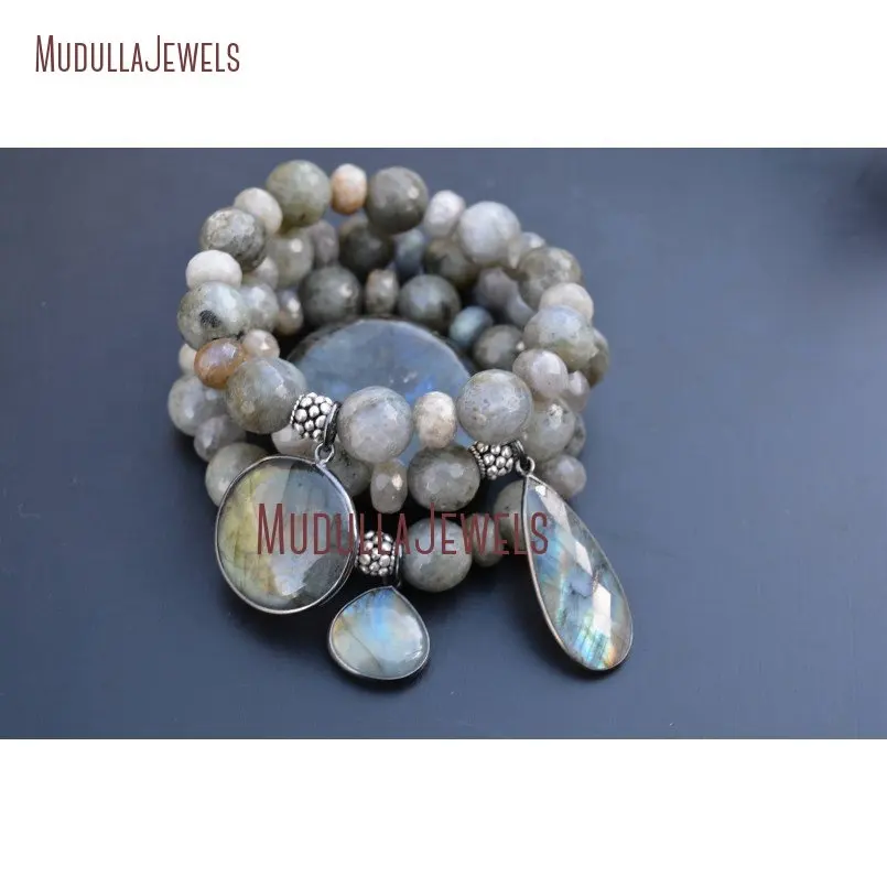 BM10772 Chic Labradorite Gemstone Stretch Bead Bracelet with Round Charm , Bohemian Bead Bracelet Jewelry