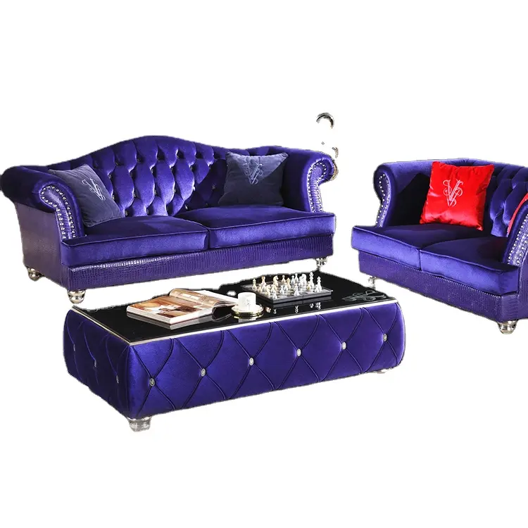 Desain Italia Kursi Berlengan Sofa Busa Ungu Dalam Set Sofa Eropa Chesterfield Kancing Rumbai Beludru Modern Ruang Tamu