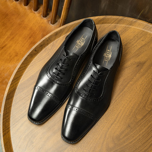 Men's Brown Genuine Leather Square Toe Oxford Dress Shoes Lace-Up All Seasons Solid Pattern Embossed <b>Insole</b> Drop Shipping - Product Image 3