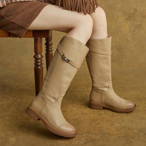 Botas de cuero genuino para mujer, botas planas hechas a mano para otoño e invierno, botas de moda ligeras y cómodas, botas de tubo tipo caballero - Product Image 3