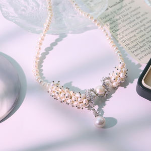 לבן מים מתוקים פנינה פרח גפן לבן שרשרת בצורת זירקון שרשרת עיצוב מפואר משובצת תכשיטים לנשים g0831 - Product Image 3