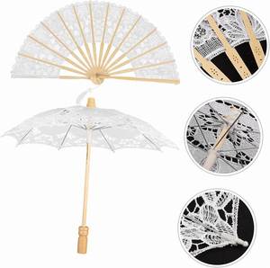Handmade Women Classic Lace Umbrellas Wedding Ceremony Sunshade Batten Burg Lace Parasols Hand Fans - Product Image 2