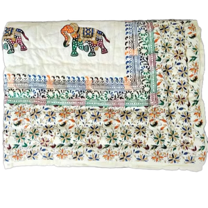 Gold Elephant Print Handmade Luxury <b>Winter</b> Cotton Reversible <b>Quilt</b> Blanket for Hotel & Home Use - Product Image 1